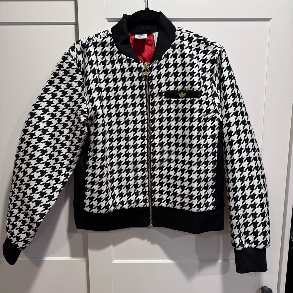 Adidas Vichy Black & White Houndstooth Bomber with Red Lining
